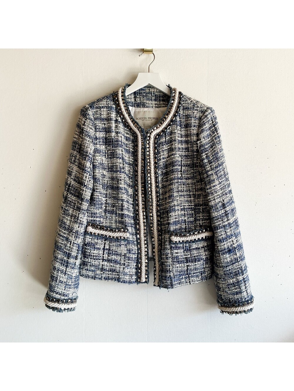 Boston Proper Embellished Blue White Tweed Office Jacket Chic Stylish Size 12